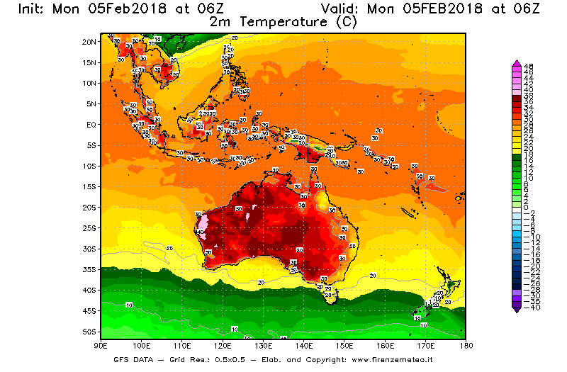 Mappa di analisi GFS - Temperatura a 2 metri dal suolo [°C] in Oceania
							del 05/02/2018 06 <!--googleoff: index-->UTC<!--googleon: index-->