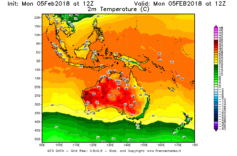 Mappa di analisi GFS - Temperatura a 2 metri dal suolo [°C] in Oceania
							del 05/02/2018 12 <!--googleoff: index-->UTC<!--googleon: index-->