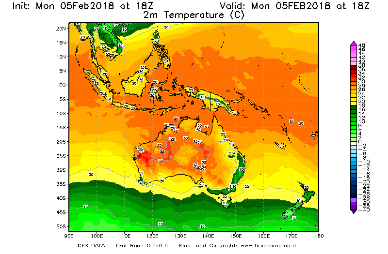 Mappa di analisi GFS - Temperatura a 2 metri dal suolo [°C] in Oceania
									del 05/02/2018 18 <!--googleoff: index-->UTC<!--googleon: index-->