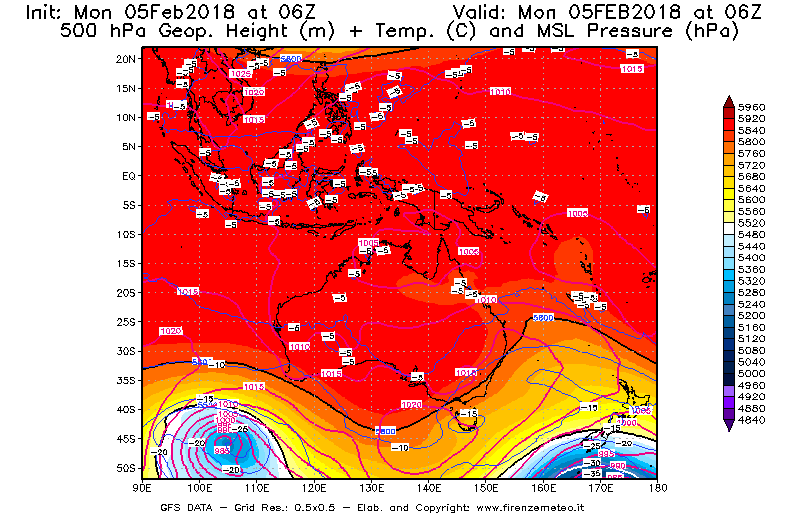 Mappa di analisi GFS - Geopotenziale [m] + Temp. [°C] a 500 hPa + Press. a livello del mare [hPa] in Oceania
									del 05/02/2018 06 <!--googleoff: index-->UTC<!--googleon: index-->