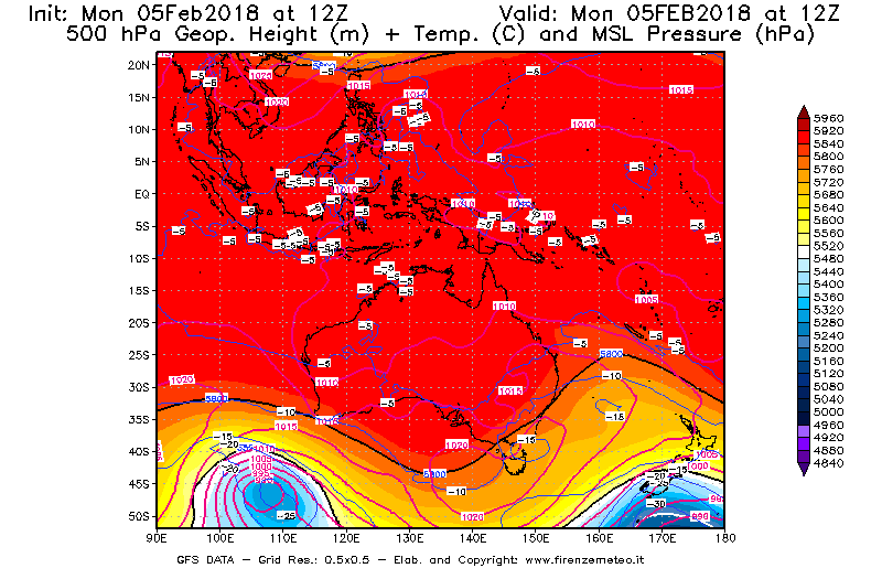 Mappa di analisi GFS - Geopotenziale [m] + Temp. [°C] a 500 hPa + Press. a livello del mare [hPa] in Oceania
							del 05/02/2018 12 <!--googleoff: index-->UTC<!--googleon: index-->