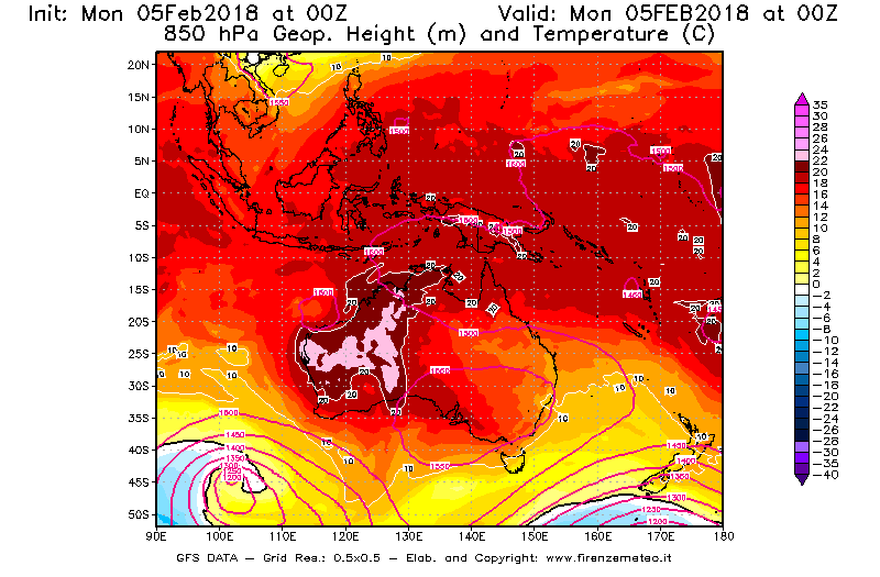 Mappa di analisi GFS - Geopotenziale [m] e Temperatura [°C] a 850 hPa in Oceania
									del 05/02/2018 00 <!--googleoff: index-->UTC<!--googleon: index-->