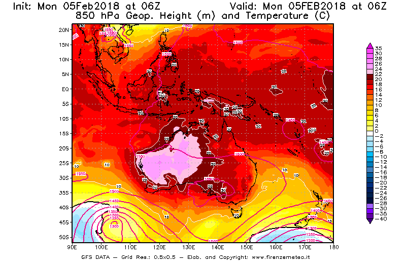 Mappa di analisi GFS - Geopotenziale [m] e Temperatura [°C] a 850 hPa in Oceania
									del 05/02/2018 06 <!--googleoff: index-->UTC<!--googleon: index-->
