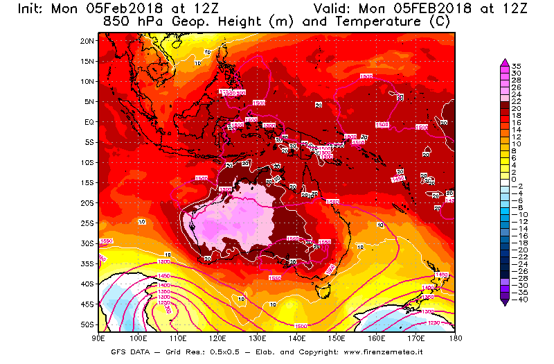 Mappa di analisi GFS - Geopotenziale [m] e Temperatura [°C] a 850 hPa in Oceania
							del 05/02/2018 12 <!--googleoff: index-->UTC<!--googleon: index-->