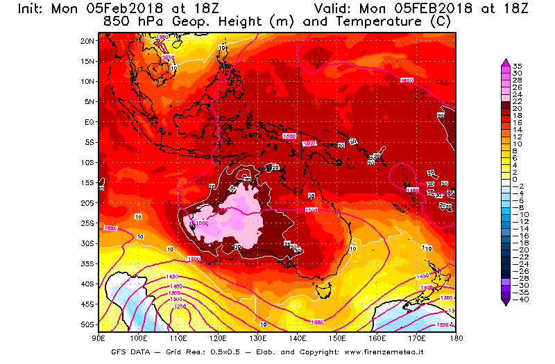 Mappa di analisi GFS - Geopotenziale [m] e Temperatura [°C] a 850 hPa in Oceania
									del 05/02/2018 18 <!--googleoff: index-->UTC<!--googleon: index-->