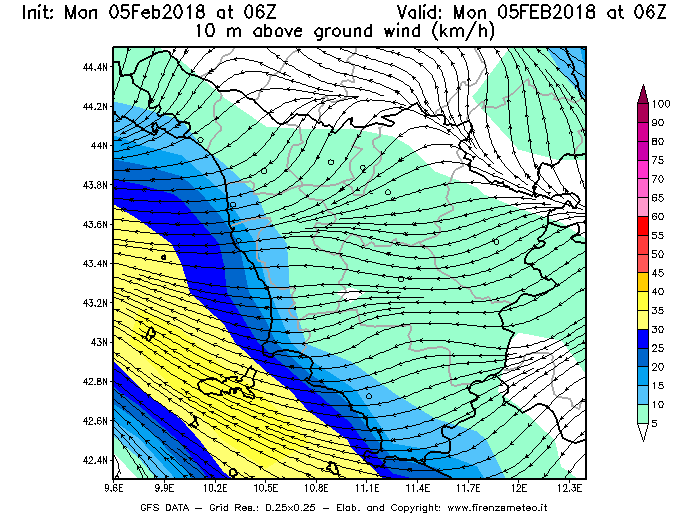 Mappa di analisi GFS - Velocità del vento a 10 metri dal suolo [km/h] in Toscana
									del 05/02/2018 06 <!--googleoff: index-->UTC<!--googleon: index-->