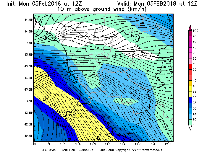 Mappa di analisi GFS - Velocità del vento a 10 metri dal suolo [km/h] in Toscana
							del 05/02/2018 12 <!--googleoff: index-->UTC<!--googleon: index-->