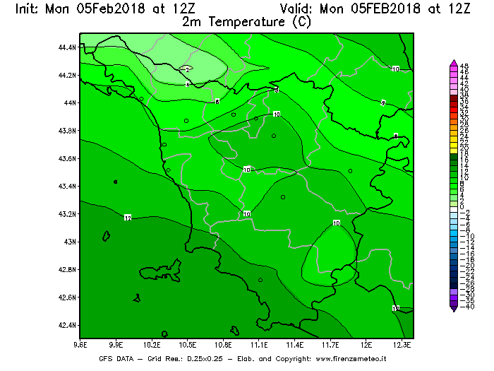 Mappa di analisi GFS - Temperatura a 2 metri dal suolo [°C] in Toscana
									del 05/02/2018 12 <!--googleoff: index-->UTC<!--googleon: index-->