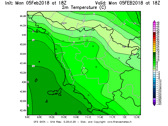 Mappa di analisi GFS - Temperatura a 2 metri dal suolo [°C] in Toscana
							del 05/02/2018 18 <!--googleoff: index-->UTC<!--googleon: index-->