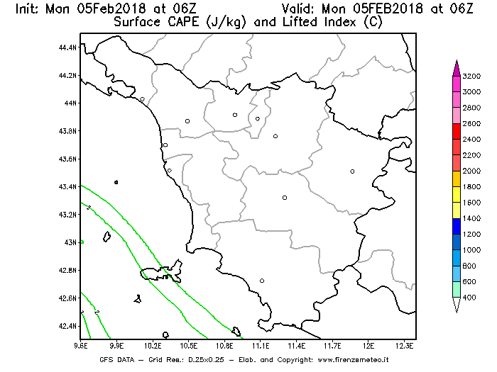 Mappa di analisi GFS - CAPE [J/kg] e Lifted Index [°C] in Toscana
							del 05/02/2018 06 <!--googleoff: index-->UTC<!--googleon: index-->