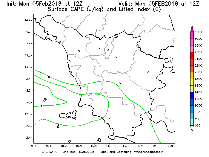 Mappa di analisi GFS - CAPE [J/kg] e Lifted Index [°C] in Toscana
									del 05/02/2018 12 <!--googleoff: index-->UTC<!--googleon: index-->