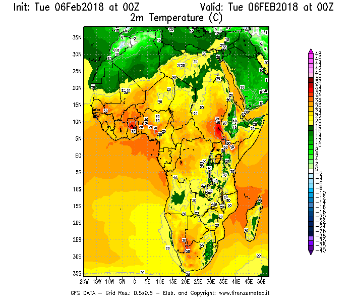 Mappa di analisi GFS - Temperatura a 2 metri dal suolo [°C] in Africa
									del 06/02/2018 00 <!--googleoff: index-->UTC<!--googleon: index-->