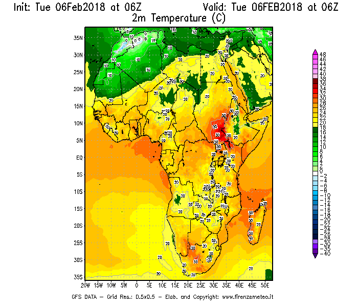 Mappa di analisi GFS - Temperatura a 2 metri dal suolo [°C] in Africa
							del 06/02/2018 06 <!--googleoff: index-->UTC<!--googleon: index-->