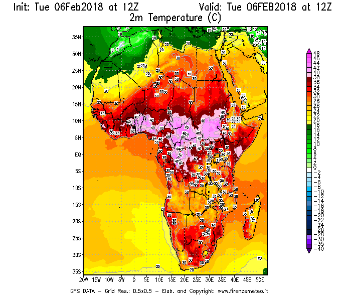 Mappa di analisi GFS - Temperatura a 2 metri dal suolo [°C] in Africa
									del 06/02/2018 12 <!--googleoff: index-->UTC<!--googleon: index-->