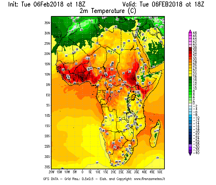 Mappa di analisi GFS - Temperatura a 2 metri dal suolo [°C] in Africa
							del 06/02/2018 18 <!--googleoff: index-->UTC<!--googleon: index-->