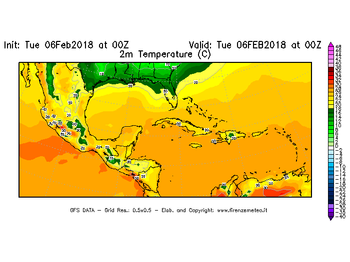 Mappa di analisi GFS - Temperatura a 2 metri dal suolo [°C] in Centro-America
									del 06/02/2018 00 <!--googleoff: index-->UTC<!--googleon: index-->