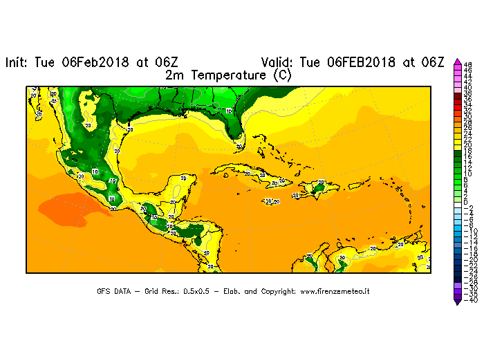 Mappa di analisi GFS - Temperatura a 2 metri dal suolo [°C] in Centro-America
							del 06/02/2018 06 <!--googleoff: index-->UTC<!--googleon: index-->