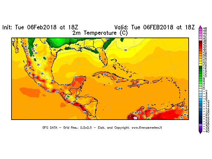 Mappa di analisi GFS - Temperatura a 2 metri dal suolo [°C] in Centro-America
									del 06/02/2018 18 <!--googleoff: index-->UTC<!--googleon: index-->