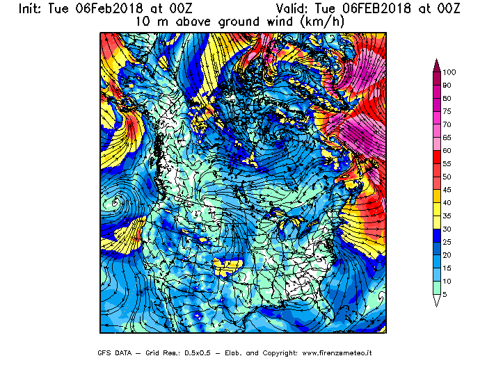 Mappa di analisi GFS - Velocità del vento a 10 metri dal suolo [km/h] in Nord-America
									del 06/02/2018 00 <!--googleoff: index-->UTC<!--googleon: index-->
