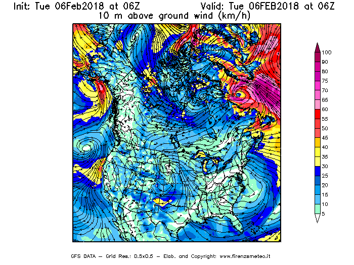 Mappa di analisi GFS - Velocità del vento a 10 metri dal suolo [km/h] in Nord-America
							del 06/02/2018 06 <!--googleoff: index-->UTC<!--googleon: index-->