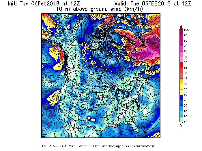 Mappa di analisi GFS - Velocità del vento a 10 metri dal suolo [km/h] in Nord-America
									del 06/02/2018 12 <!--googleoff: index-->UTC<!--googleon: index-->