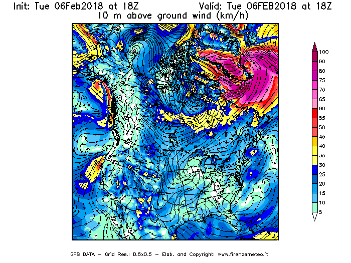 Mappa di analisi GFS - Velocità del vento a 10 metri dal suolo [km/h] in Nord-America
							del 06/02/2018 18 <!--googleoff: index-->UTC<!--googleon: index-->