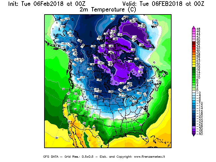 Mappa di analisi GFS - Temperatura a 2 metri dal suolo [°C] in Nord-America
									del 06/02/2018 00 <!--googleoff: index-->UTC<!--googleon: index-->