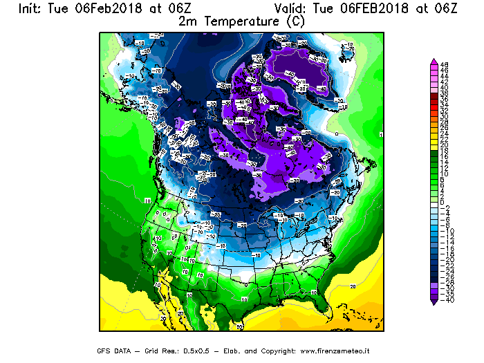 Mappa di analisi GFS - Temperatura a 2 metri dal suolo [°C] in Nord-America
									del 06/02/2018 06 <!--googleoff: index-->UTC<!--googleon: index-->