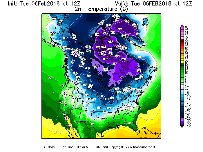 Mappa di analisi GFS - Temperatura a 2 metri dal suolo [°C] in Nord-America
							del 06/02/2018 12 <!--googleoff: index-->UTC<!--googleon: index-->
