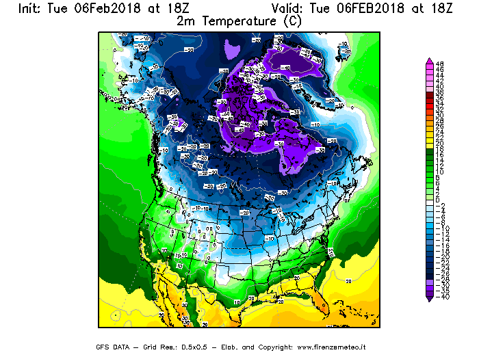 Mappa di analisi GFS - Temperatura a 2 metri dal suolo [°C] in Nord-America
							del 06/02/2018 18 <!--googleoff: index-->UTC<!--googleon: index-->