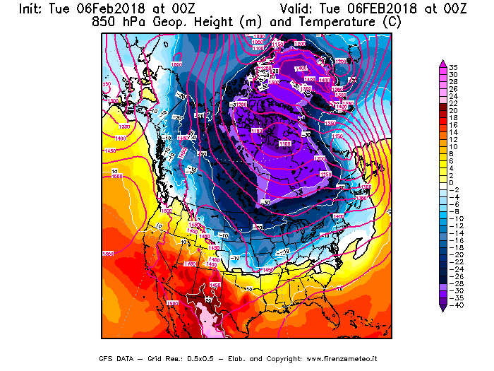 Mappa di analisi GFS - Geopotenziale [m] e Temperatura [°C] a 850 hPa in Nord-America
							del 06/02/2018 00 <!--googleoff: index-->UTC<!--googleon: index-->