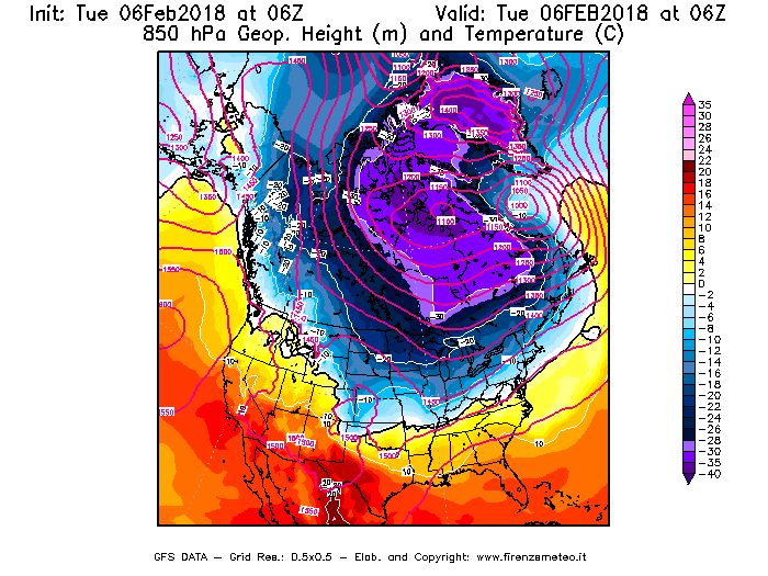 Mappa di analisi GFS - Geopotenziale [m] e Temperatura [°C] a 850 hPa in Nord-America
									del 06/02/2018 06 <!--googleoff: index-->UTC<!--googleon: index-->