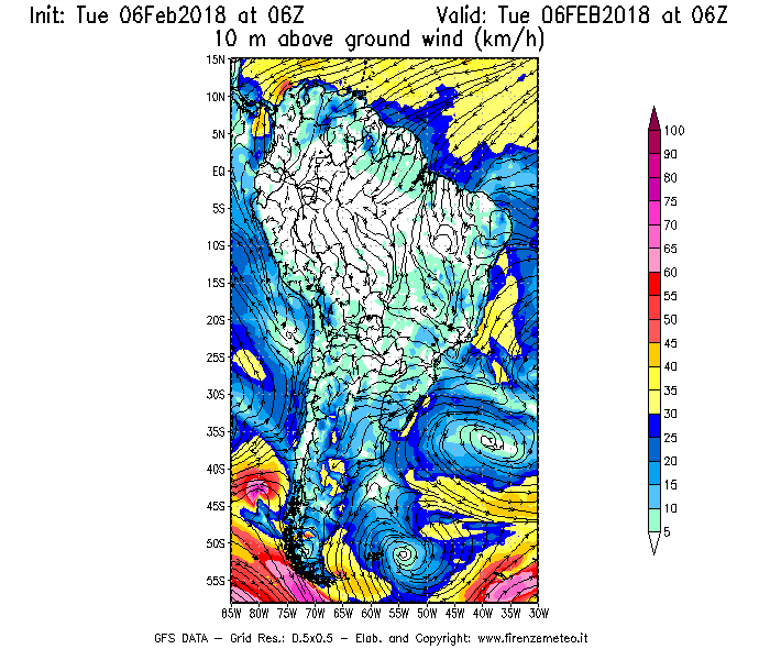 Mappa di analisi GFS - Velocità del vento a 10 metri dal suolo [km/h] in Sud-America
							del 06/02/2018 06 <!--googleoff: index-->UTC<!--googleon: index-->