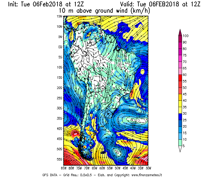 Mappa di analisi GFS - Velocità del vento a 10 metri dal suolo [km/h] in Sud-America
							del 06/02/2018 12 <!--googleoff: index-->UTC<!--googleon: index-->
