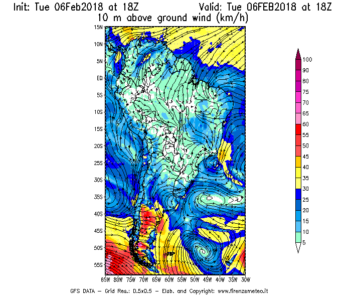 Mappa di analisi GFS - Velocità del vento a 10 metri dal suolo [km/h] in Sud-America
									del 06/02/2018 18 <!--googleoff: index-->UTC<!--googleon: index-->