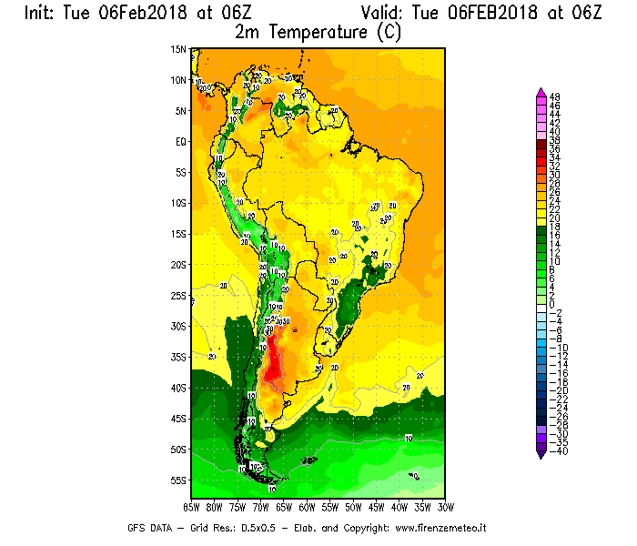 Mappa di analisi GFS - Temperatura a 2 metri dal suolo [°C] in Sud-America
							del 06/02/2018 06 <!--googleoff: index-->UTC<!--googleon: index-->