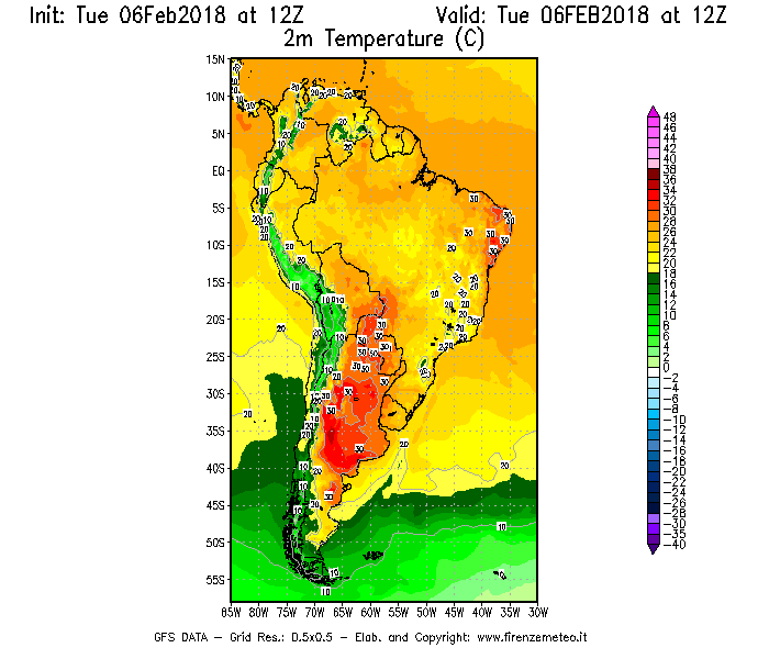 Mappa di analisi GFS - Temperatura a 2 metri dal suolo [°C] in Sud-America
									del 06/02/2018 12 <!--googleoff: index-->UTC<!--googleon: index-->
