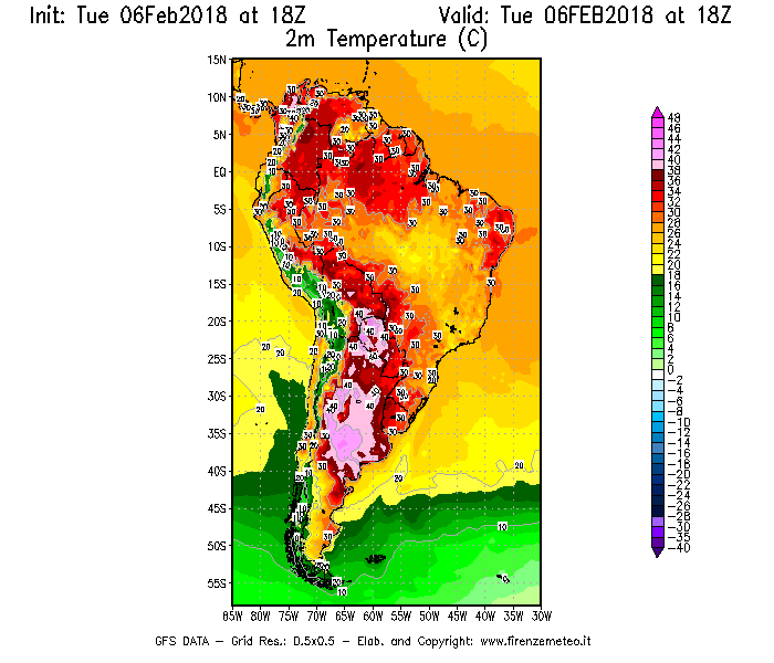 Mappa di analisi GFS - Temperatura a 2 metri dal suolo [°C] in Sud-America
									del 06/02/2018 18 <!--googleoff: index-->UTC<!--googleon: index-->