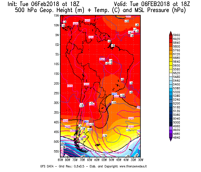 Mappa di analisi GFS - Geopotenziale [m] + Temp. [°C] a 500 hPa + Press. a livello del mare [hPa] in Sud-America
									del 06/02/2018 18 <!--googleoff: index-->UTC<!--googleon: index-->