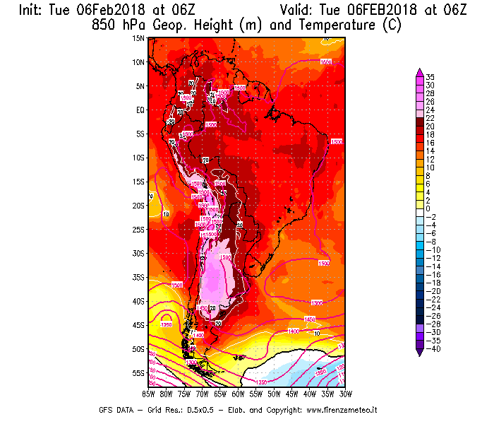 Mappa di analisi GFS - Geopotenziale [m] e Temperatura [°C] a 850 hPa in Sud-America
									del 06/02/2018 06 <!--googleoff: index-->UTC<!--googleon: index-->