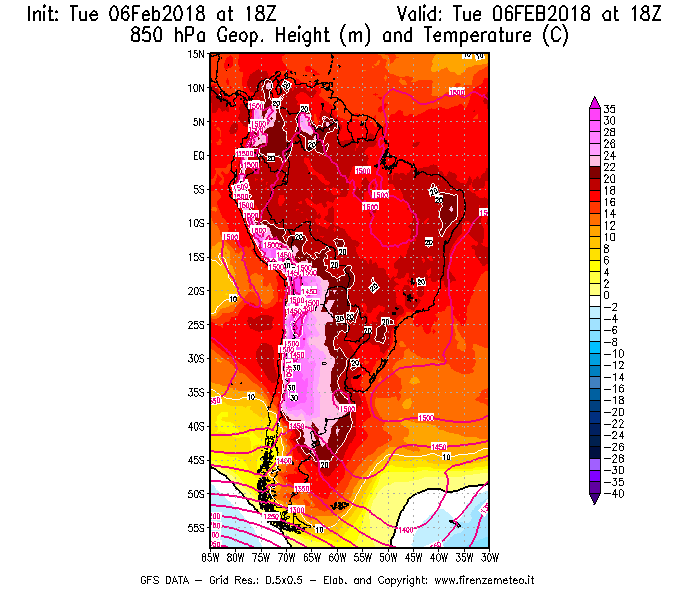 Mappa di analisi GFS - Geopotenziale [m] e Temperatura [°C] a 850 hPa in Sud-America
							del 06/02/2018 18 <!--googleoff: index-->UTC<!--googleon: index-->