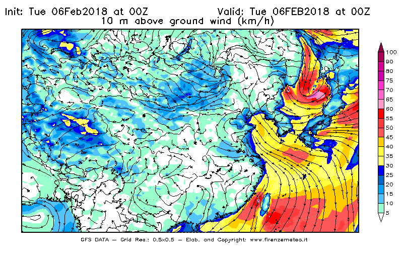 Mappa di analisi GFS - Velocità del vento a 10 metri dal suolo [km/h] in Asia Orientale
									del 06/02/2018 00 <!--googleoff: index-->UTC<!--googleon: index-->