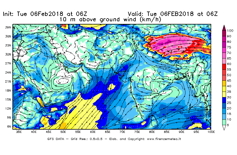 Mappa di analisi GFS - Velocità del vento a 10 metri dal suolo [km/h] in Asia Sud-Occidentale
							del 06/02/2018 06 <!--googleoff: index-->UTC<!--googleon: index-->