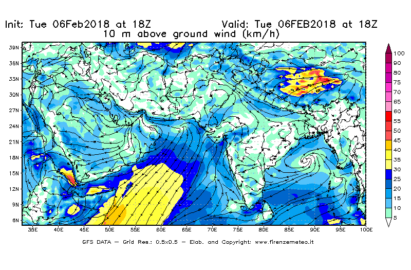 Mappa di analisi GFS - Velocità del vento a 10 metri dal suolo [km/h] in Asia Sud-Occidentale
									del 06/02/2018 18 <!--googleoff: index-->UTC<!--googleon: index-->