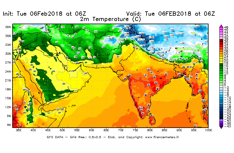 Mappa di analisi GFS - Temperatura a 2 metri dal suolo [°C] in Asia Sud-Occidentale
							del 06/02/2018 06 <!--googleoff: index-->UTC<!--googleon: index-->