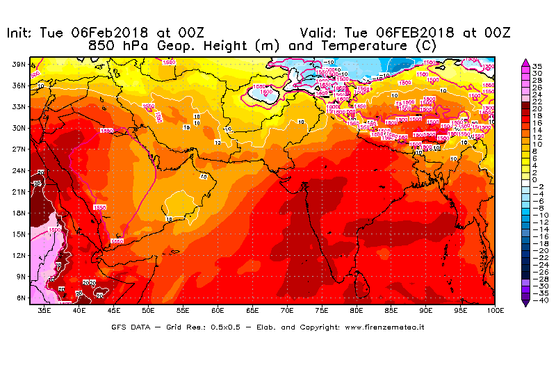 Mappa di analisi GFS - Geopotenziale [m] e Temperatura [°C] a 850 hPa in Asia Sud-Occidentale
							del 06/02/2018 00 <!--googleoff: index-->UTC<!--googleon: index-->