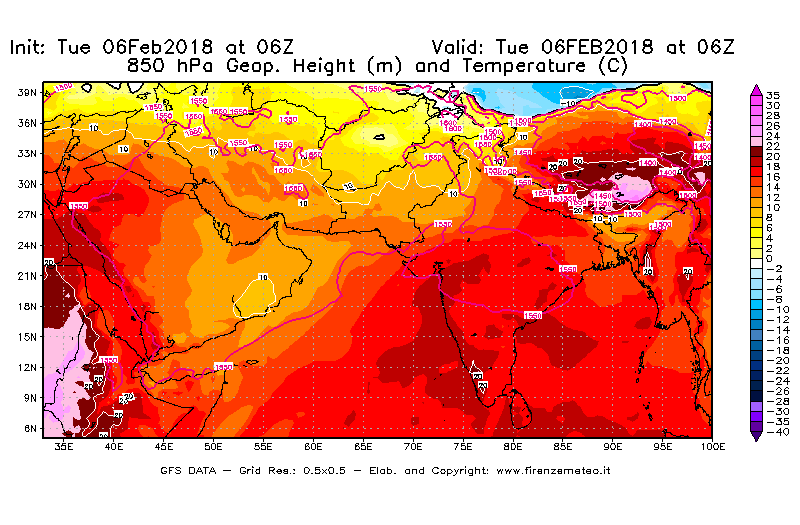Mappa di analisi GFS - Geopotenziale [m] e Temperatura [°C] a 850 hPa in Asia Sud-Occidentale
							del 06/02/2018 06 <!--googleoff: index-->UTC<!--googleon: index-->