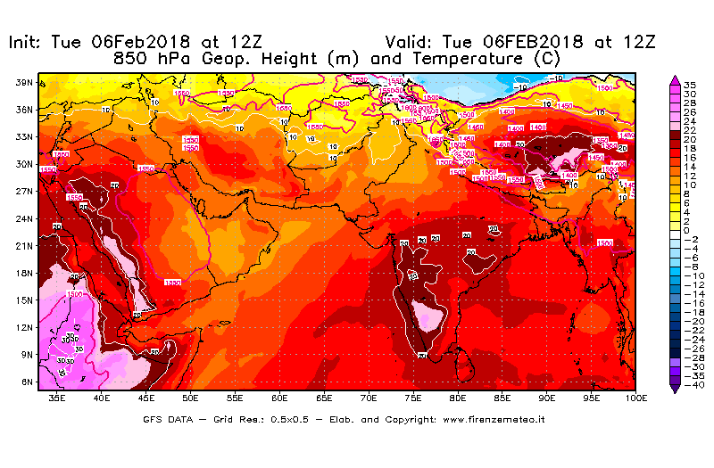 Mappa di analisi GFS - Geopotenziale [m] e Temperatura [°C] a 850 hPa in Asia Sud-Occidentale
									del 06/02/2018 12 <!--googleoff: index-->UTC<!--googleon: index-->
