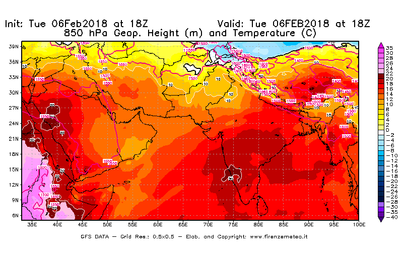 Mappa di analisi GFS - Geopotenziale [m] e Temperatura [°C] a 850 hPa in Asia Sud-Occidentale
							del 06/02/2018 18 <!--googleoff: index-->UTC<!--googleon: index-->