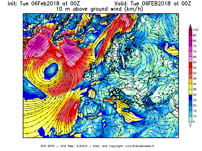 Mappa di analisi GFS - Velocità del vento a 10 metri dal suolo [km/h] in Europa
							del 06/02/2018 00 <!--googleoff: index-->UTC<!--googleon: index-->